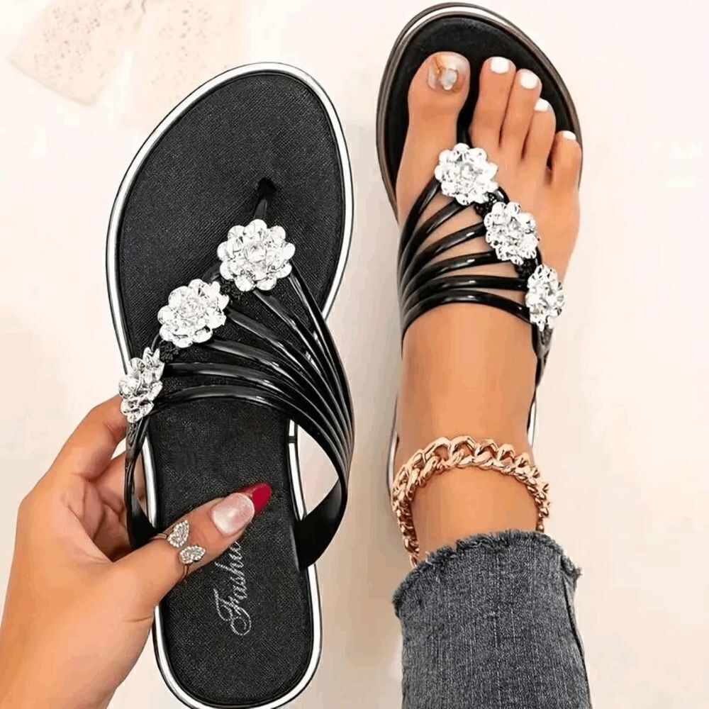 Flower Rhinestone Slip On Flip-Flops - Black - Picture 4 of 6